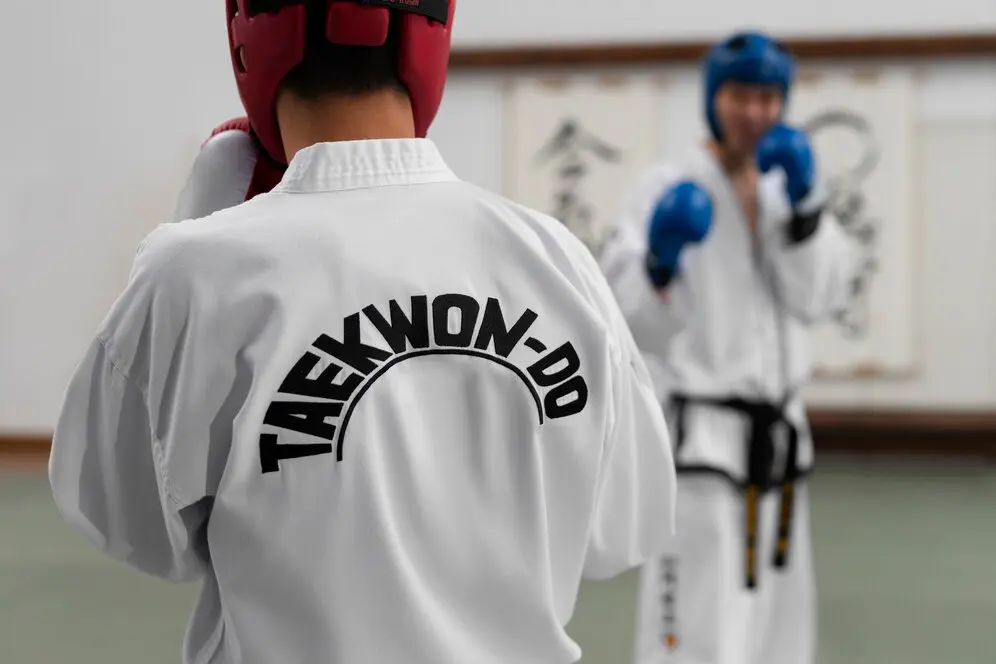 Two taekwondo practitioners in training.