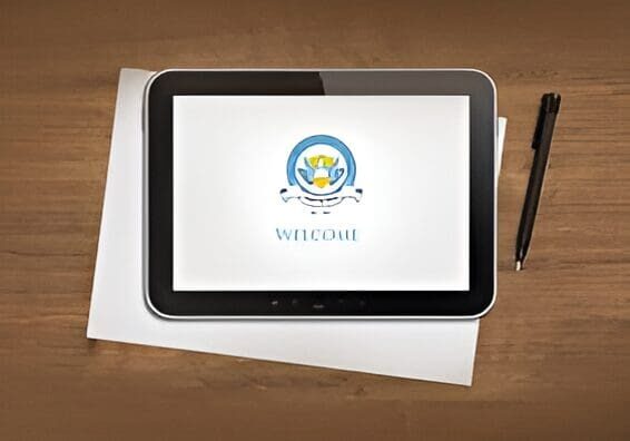 Tablet with logo on a wooden desk.